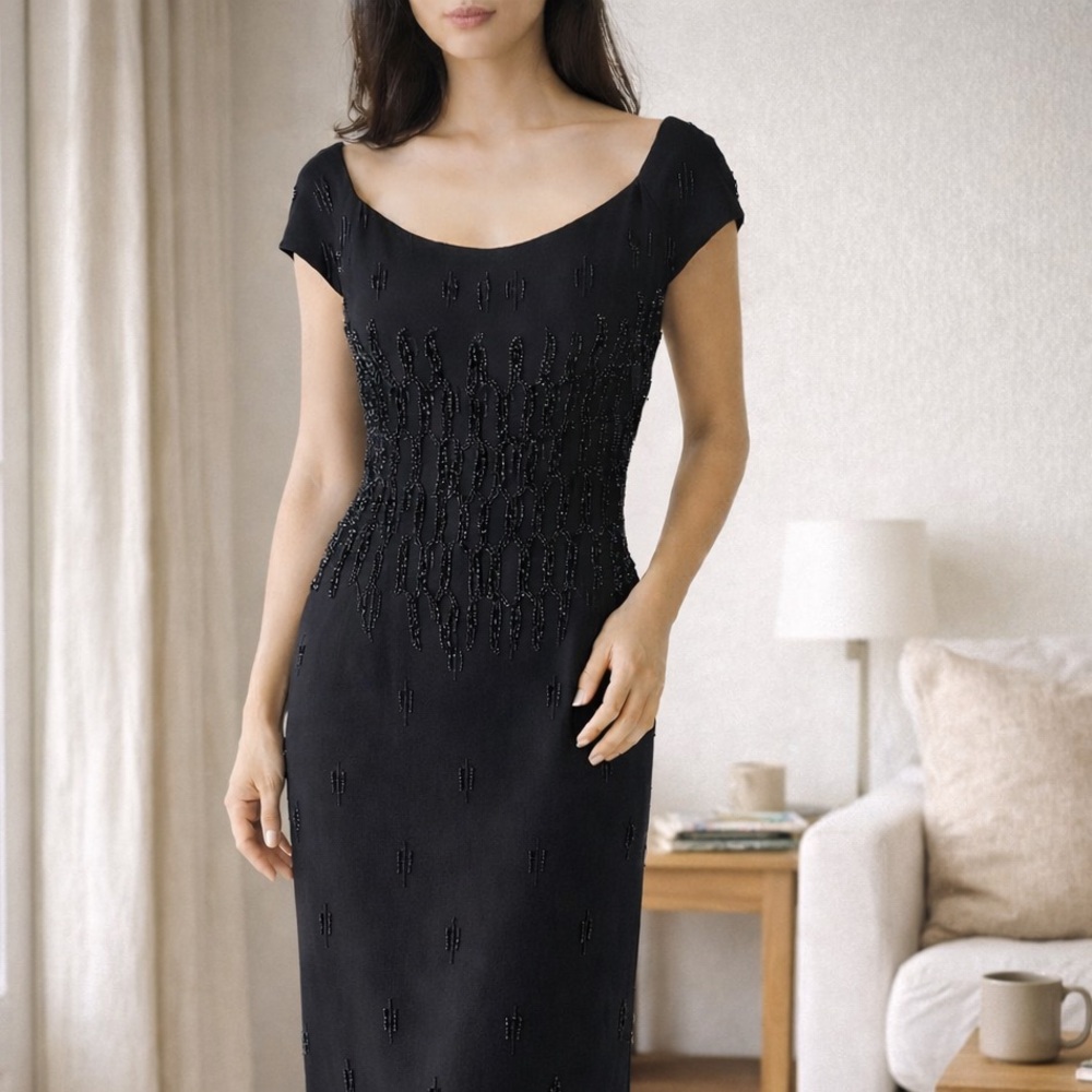 Vintage Chic Black Beaded Midi Dress